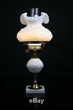 Fenton Poppy White Milk Glass Lamp withHurricane Globe Excellent Condition