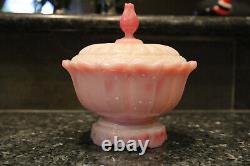 Fenton, Rosalene, 3 pc. Lidded bowl with pedestle, Milk Glass, Pink & White