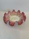 Fenton Ruffled Pink Cranberry White Satin Hand Painted Flowers Bowl Has Flaws