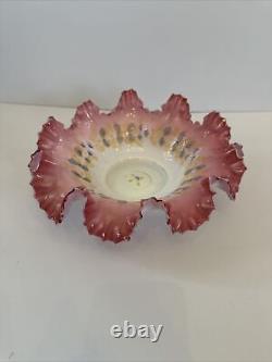 Fenton Ruffled Pink Cranberry White Satin Hand Painted Flowers Bowl Has Flaws