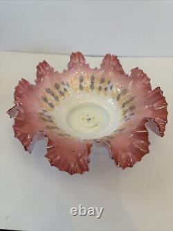 Fenton Ruffled Pink Cranberry White Satin Hand Painted Flowers Bowl Has Flaws