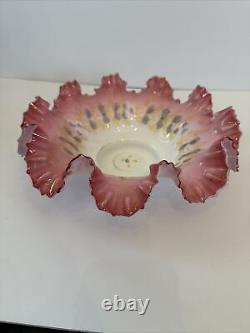 Fenton Ruffled Pink Cranberry White Satin Hand Painted Flowers Bowl Has Flaws