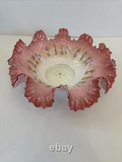 Fenton Ruffled Pink Cranberry White Satin Hand Painted Flowers Bowl Has Flaws