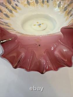 Fenton Ruffled Pink Cranberry White Satin Hand Painted Flowers Bowl Has Flaws