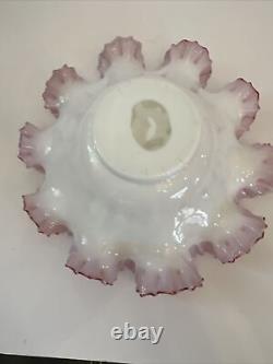 Fenton Ruffled Pink Cranberry White Satin Hand Painted Flowers Bowl Has Flaws