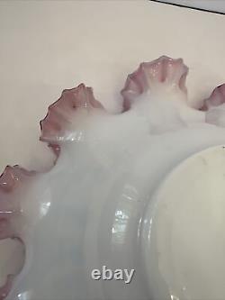 Fenton Ruffled Pink Cranberry White Satin Hand Painted Flowers Bowl Has Flaws