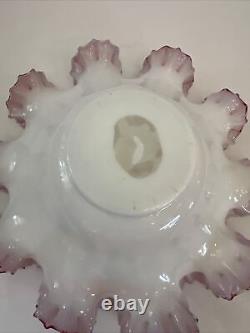 Fenton Ruffled Pink Cranberry White Satin Hand Painted Flowers Bowl Has Flaws