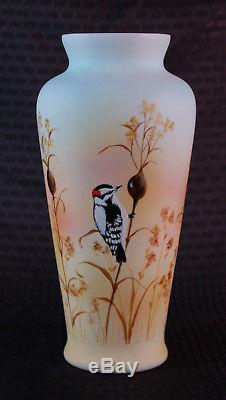 Fenton SAMPLE Milk Glass Art Vase Downy Woodpecker Birds Francis Burton 2014