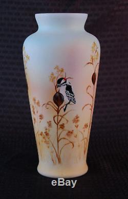 Fenton SAMPLE Milk Glass Art Vase Downy Woodpecker Birds Francis Burton 2014