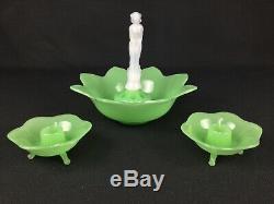 Fenton September Morn 5-Piece Console Set Jadeite Lotus Bowl Milk Glass Nymph