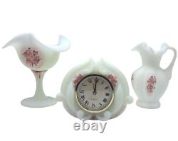 Fenton Signed Hand Painted Milk Glass Alarm Clock Mini Vase and Compote Set