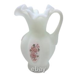 Fenton Signed Hand Painted Milk Glass Alarm Clock Mini Vase and Compote Set