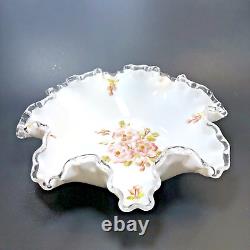 Fenton Silver Crest Apple Blossom Milk Glass Ruffled Footed Bowl Candle Holders