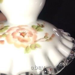 Fenton Silver Crest Apple Blossom Milk Glass Ruffled Footed Bowl Candle Holders