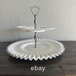 Fenton Silver Crest Milk Glass Clear Ruffled Edge Two-Tiered Serving Dish