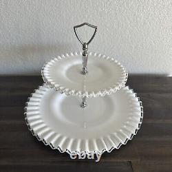 Fenton Silver Crest Milk Glass Clear Ruffled Edge Two-Tiered Serving Dish