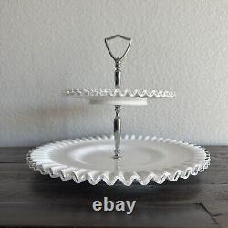 Fenton Silver Crest Milk Glass Clear Ruffled Edge Two-Tiered Serving Dish