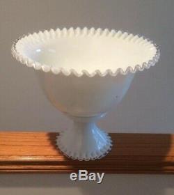 Fenton Silver Crest Punch Bowl Pedestal Base White Ruffle Milk glass Wedding