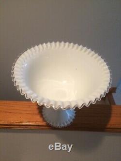 Fenton Silver Crest Punch Bowl Pedestal Base White Ruffle Milk glass Wedding