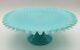 Fenton Silver Crest Turquoise Blue Opaline Milk Glass Cake Plate Stand Rare
