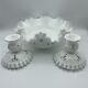 Fenton Silver Crest Violets In Snow Spanish Lace Signed Hp Bowl & Candle Holders