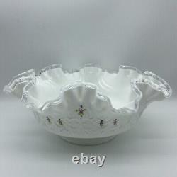 Fenton Silver Crest Violets In Snow Spanish Lace Signed HP Bowl & Candle Holders