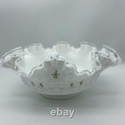 Fenton Silver Crest Violets In Snow Spanish Lace Signed HP Bowl & Candle Holders