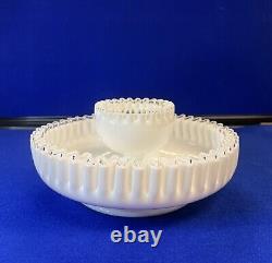 Fenton Silver Crests Chip & Dip Set Milk Glass with Clear Glass Crimped Edges