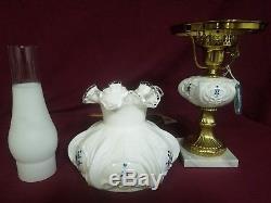 Fenton Sudent Lamp MILK GLASS with FOUNT/Marble Base VIOLETS IN SNOW 20 1/2