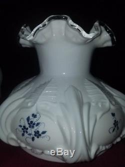 Fenton Sudent Lamp MILK GLASS with FOUNT/Marble Base VIOLETS IN SNOW 20 1/2