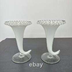 Fenton Trumpet Vase Silver Crest Ruffled Edge Footed Art Milk Glass