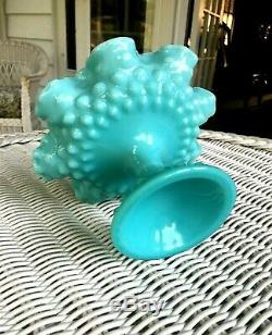 Fenton Turquoise Blue Hobnail Milk Glass Pedestal Compote Ruffled Candy Dish