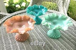 Fenton Turquoise Blue Hobnail Milk Glass Pedestal Compote Ruffled Candy Dish