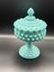 Fenton Turquoise Hobnail Milk Glass Compote Footed Candy Dish Withlid