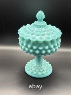 Fenton Turquoise Hobnail Milk Glass Compote Footed Candy Dish WithLid