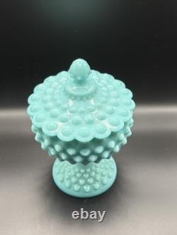 Fenton Turquoise Hobnail Milk Glass Compote Footed Candy Dish WithLid