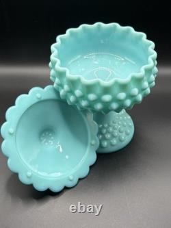 Fenton Turquoise Hobnail Milk Glass Compote Footed Candy Dish WithLid