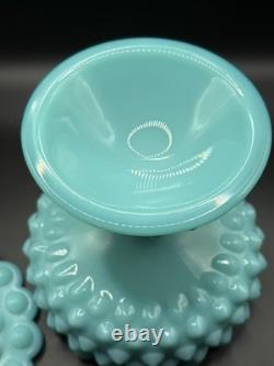 Fenton Turquoise Hobnail Milk Glass Compote Footed Candy Dish WithLid
