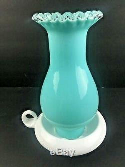 Fenton Turquoise Silver Crest Hurricane Fairy Lamp with Milk Glass Base