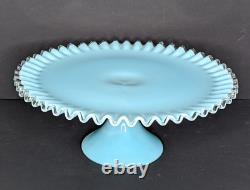 Fenton Turquoise Silver Crest Milk Glass Cake Stand Plate Aqua Blue Vintage READ