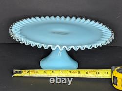 Fenton Turquoise Silver Crest Milk Glass Cake Stand Plate Aqua Blue Vintage READ