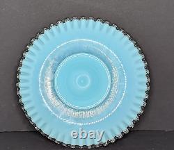 Fenton Turquoise Silver Crest Milk Glass Cake Stand Plate Aqua Blue Vintage READ