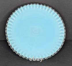 Fenton Turquoise Silver Crest Milk Glass Cake Stand Plate Aqua Blue Vintage READ