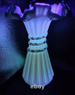 Fenton Uranium Glass Wheat Vase Emerald Crest Signed by D Cutshaw 7.5 H