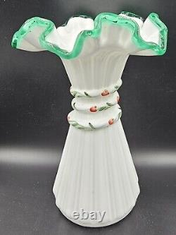 Fenton Uranium Glass Wheat Vase Emerald Crest Signed by D Cutshaw 7.5 H