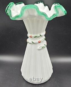 Fenton Uranium Glass Wheat Vase Emerald Crest Signed by D Cutshaw 7.5 H