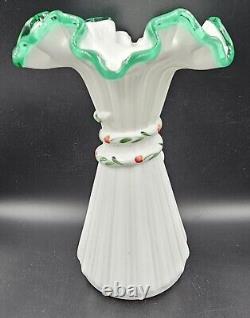 Fenton Uranium Glass Wheat Vase Emerald Crest Signed by D Cutshaw 7.5 H