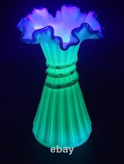 Fenton Uranium Milk Glass Wheat Vase Emerald Crested D Cutshaw Painted