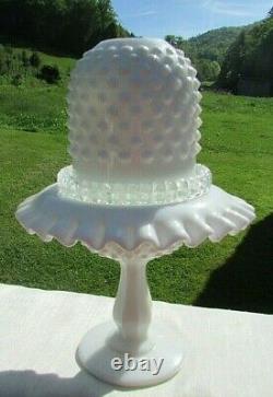 Fenton Vintage 1970's Milk Glass Hobnail 3 pc Pedestal Fairy Lamp