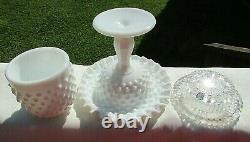 Fenton Vintage 1970's Milk Glass Hobnail 3 pc Pedestal Fairy Lamp